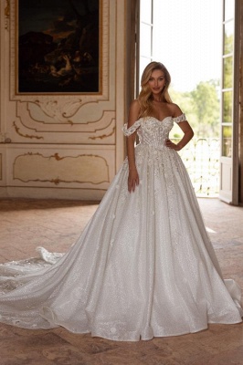 Robe de mariée Aline en dentelle florale blanche à épaules dénudées avec appliques pailletées_1