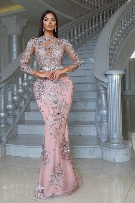 Luxury Shiny Floral Lace Mermaid Prom Dress with Long Sleeves_2