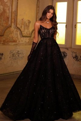 Charming Black Aline Evening Dress Glitter Lace Sleeveless Party Wear Dress