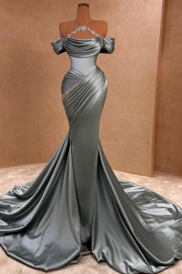 Charming Off-the-Shoulder Ruched Satin Long Prom Dress Glitter Sequins Sheath Evening Gown