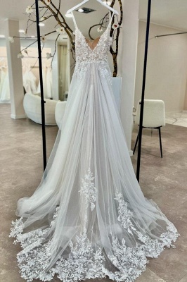 Robe de mariée élégante blanche Aline en tulle et dentelle avec appliques sans manches_2