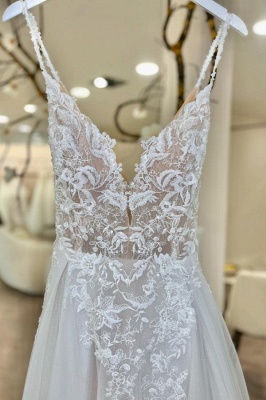 Robe de mariée élégante blanche Aline en tulle et dentelle avec appliques sans manches_4