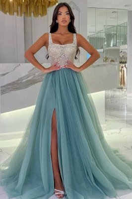 Stunning Square Neck Front Slit Evening Dress Sparkly Sequins Tulle Aline Prom Dress