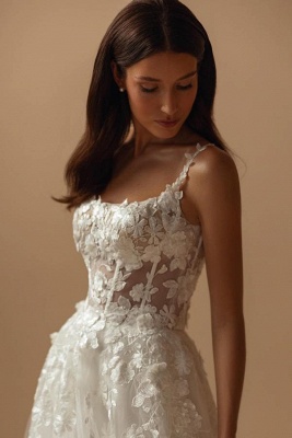 Robe de mariée Aline à fleurs blanches délicates avec décolleté carré et appliques à bretelles spaghetti_3