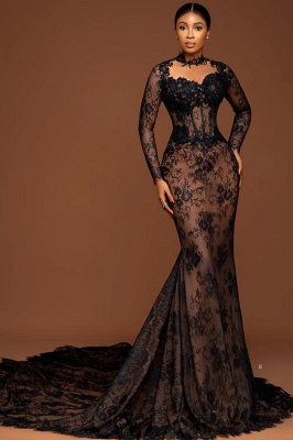 Charming Black Trumpet Wedding Gown Floral Lace with Long Sleeves_2