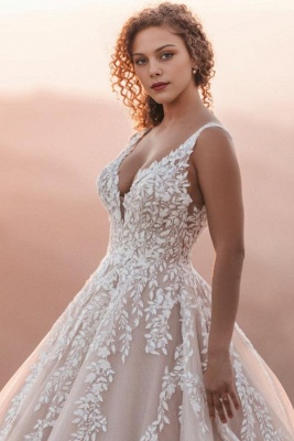 Elegant V-Neck Aline Wedding Dresses Sleevless Tulle Lace Appliques Bridal Dress_4