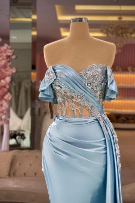 Off-the-Shoulder Sweetheart Sky Blue Ruched Satin Mermaid Evening Dress Lace Appliques with Train_2