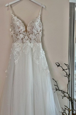 Spaghetti Straps Tulle Lace Aline Wedding Dress Sleeveless Appliques Bridal Dress_5