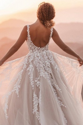 Elegant V-Neck Aline Wedding Dresses Sleevless Tulle Lace Appliques Bridal Dress_3