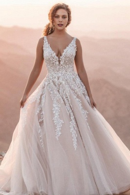 Elegant V-Neck Aline Wedding Dresses Sleevless Tulle Lace Appliques Bridal Dress