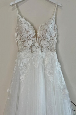 Spaghetti Straps Tulle Lace Aline Wedding Dress Sleeveless Appliques Bridal Dress_6