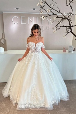 Chic Floral Lace Aline Wedding Dress Off-the-Shoulder Tulle Appliques Bridal Dress