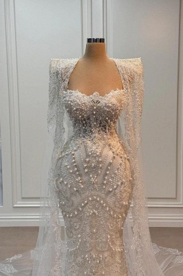 Luxury Sweetheart Pearls Mermaid Bridal Gown with Cape Lace Appliques_2