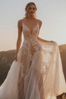 Elegant V-neck Tulle Lace Wedding Dress Aline Sleeveless Bridal Dress_3