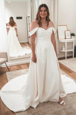 Off-the-Shoulder Ruffle Satin Wedding Dress White Simple Bridal Dress