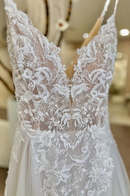 Robe de mariée élégante blanche Aline en tulle et dentelle avec appliques sans manches_3