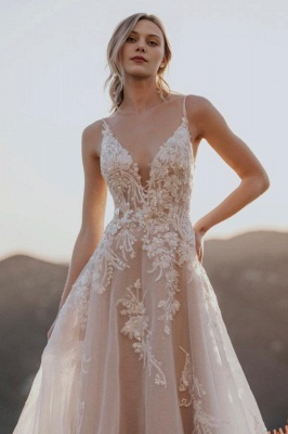 Elegant V-neck Tulle Lace Wedding Dress Aline Sleeveless Bridal Dress