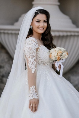 Superbes robes de mariée Aline en dentelle florale à manches longues, robe de bal, col rond, robe de mariée en tulle_2