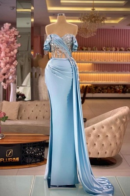 Off-the-Shoulder Sweetheart Sky Blue Ruched Satin Mermaid Evening Dress Lace Appliques with Train