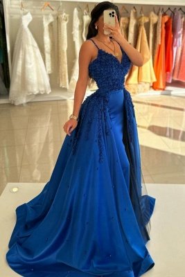 Stunning Royal Blue Satin Evening Dresses with Lace Appliques Detachable Train Party Dress_3