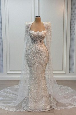 Luxury Sweetheart Pearls Mermaid Bridal Gown with Cape Lace Appliques