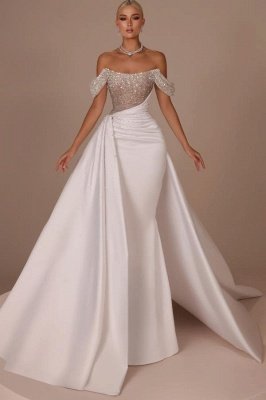 Chic Off-the-Shoulder Glitter Sheath Wedding Dresses Ruched Satin Mermaid Bridal Gown