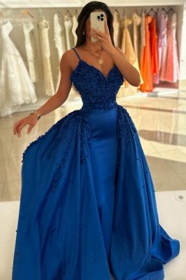 Stunning Royal Blue Satin Evening Dresses with Lace Appliques Detachable Train Party Dress_2