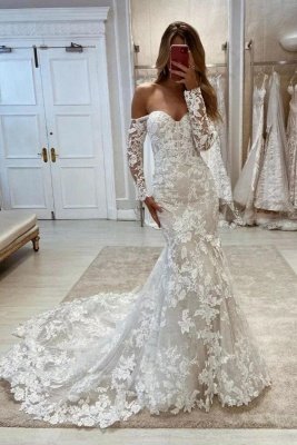 Chic Floral Lace Mermaid Wedding Dress with Sleeves Sweetheart Tulle Appliques Bridal Gown