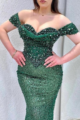 Encantador vestido de fiesta de sirena con hombros descubiertos y lentejuelas brillantes en color verde oscuro_2