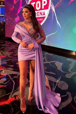 Robe de soirée courte sexy en satin lilas à paillettes et manches longues avec traîne_1