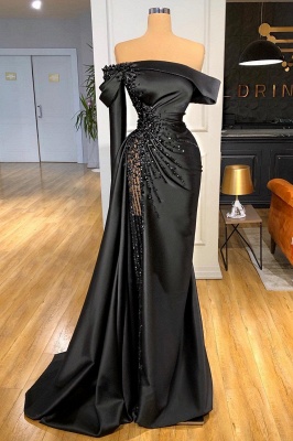 Superbe robe de soirée en satin noir, robe de bal fendue sur le côté avec perles scintillantes