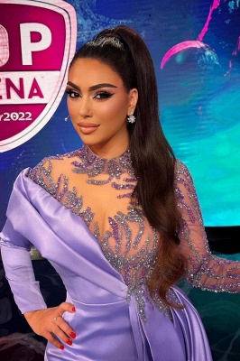 Robe de soirée courte sexy en satin lilas à paillettes et manches longues avec traîne_4