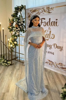 Superbe robe de soirée longue à perles bleu ciel, robe de soirée arabe de Dubaï