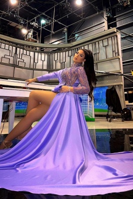 Robe de soirée courte sexy en satin lilas à paillettes et manches longues avec traîne_2