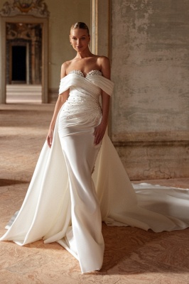 Off-the-Shoulder White Satin Wedding Dress Sheath Bridal Dress with Pearls