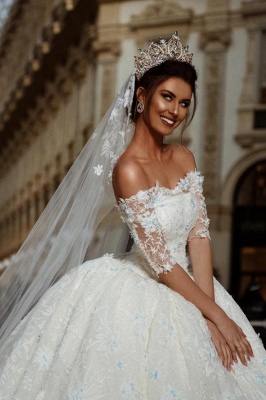 Off Shoulder Sleeves White Princess Ball Gown Tulle Lace Wedding Dresses