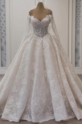 Off Shoulder Long Seeves Ball Gown Wedding Dress V -Neck Aline Bridal Dress with Chapel Train