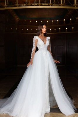 Robe de mariée élégante en tulle blanc avec manches et appliques en dentelle et fente sur le devant