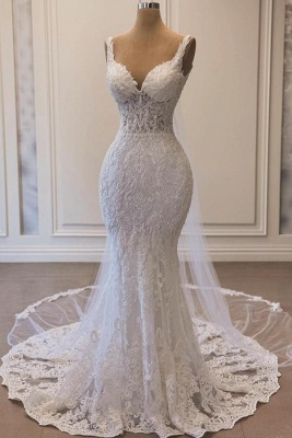 V-Neck White Lace Mermaid Wedding Dress Sleeveless Garden Bridal Dress with Sweep Train