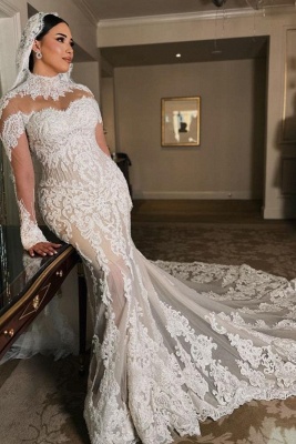 Gorgeous High Neck Mermaid Wedding Dresses with Sleeves Floral Lace Appliques Bridal Gown