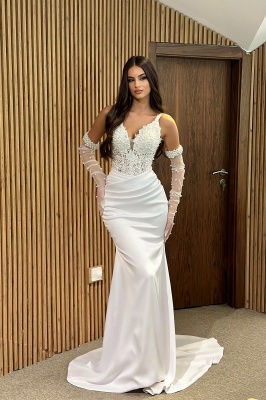 Vestido de novia elegante de sirena con escote en V blanco, volantes, satén, perlas, vestido de novia largo sin mangas