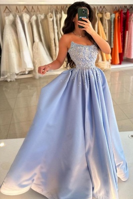 Strapless Satin Long Evening Dress Pearls Floor Length Aline Prom Dress