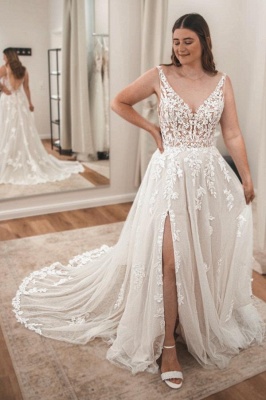 Robe de mariée romantique en dentelle à col en V, sans manches, en tulle, fendue sur le devant