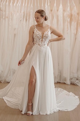 Stylish Floral Lace Aline Wedding Dresses Front Split V-Neck Chiffon Bridal Dress