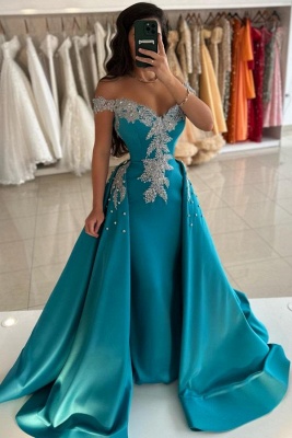 Glamorous Off-the-Shoulder Satin Mermaid Evening Gown Pearls with Train