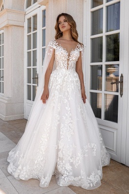 Elegant Floral Lace Tulle Wedding Dress Aline with Long Cape