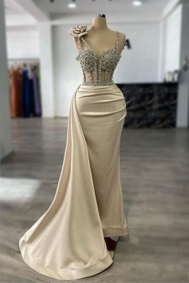 Stunning Champagne Satin Sheath Evening Dress with Sparkly Crystals