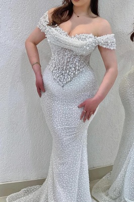 Vestido de fiesta de sirena con escote en forma de corazón, blanco, hombros descubiertos y perlas brillantes, vestido de noche largo