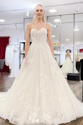 Romantic Sweetheart Lace Aline Wedding Dresses Strapless Tulle Appliques Bridal Dress