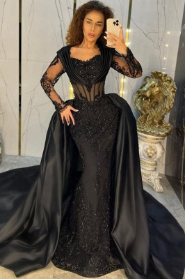 Robe de soirée sirène noire de luxe avec manches longues et appliques